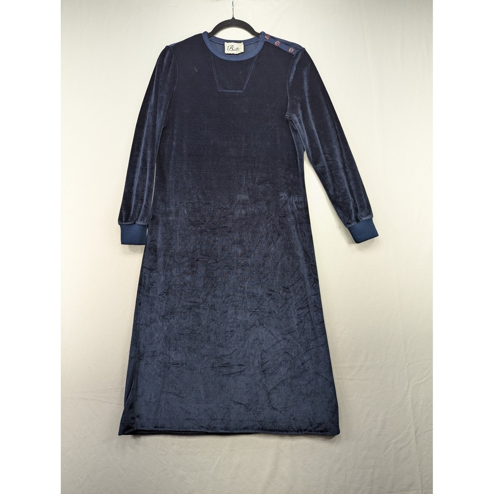 Vintage Butte Navy Blue Velour‎ Midi Dress Long Sleeve Button Shoulder Retro S